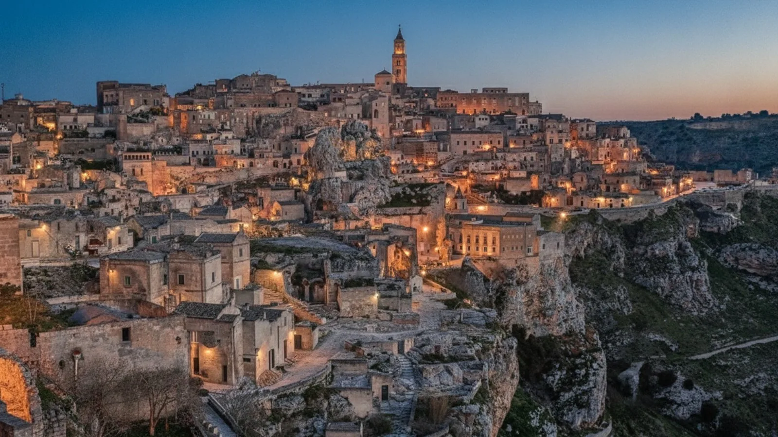 I Sassi di Matera al tramonto, con le abitazioni scavate nel tufo